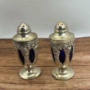Vintage cobalt blue glass and silver-plated salt and pepper shakers